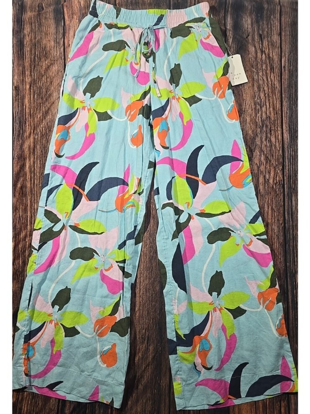 A New Day Wide Leg Linen/Rayon Palazzo Pants Tropical Floral Women's Small NWT